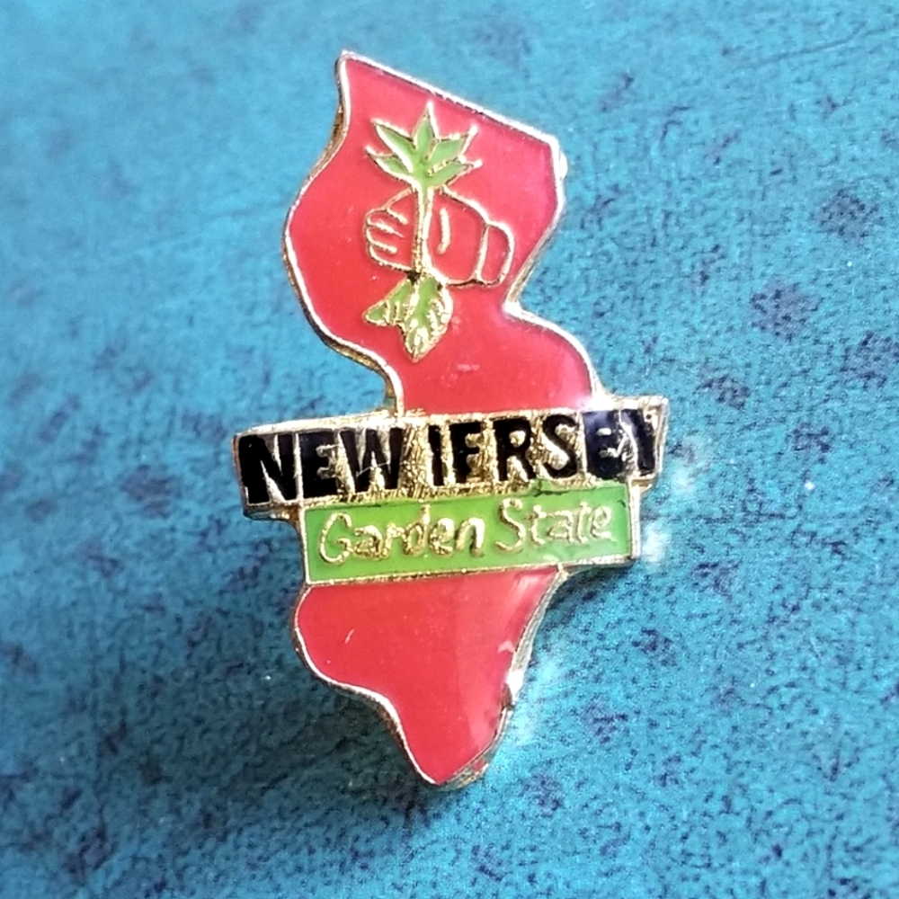 New Jersey pin red enamel lapel brooch small NJ